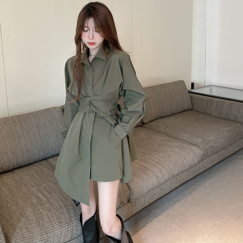 大碼女胖mm小眾設計感收腰長袖襯衫連衣裙時尚短褲兩件套裝200斤