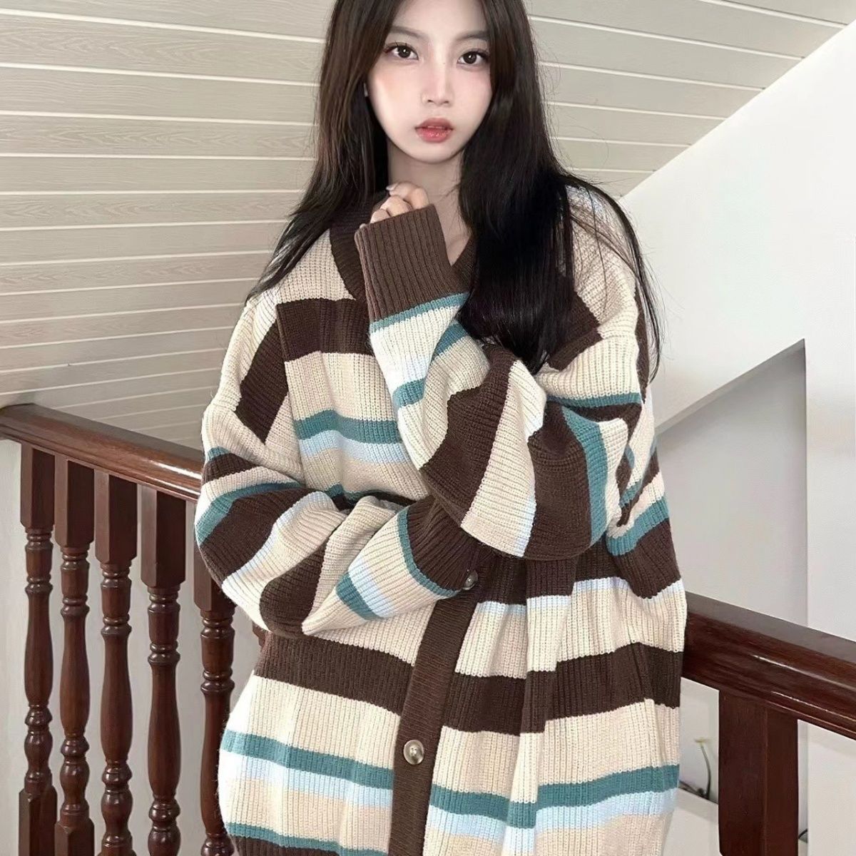 復古條紋針織衫女春秋寬鬆長袖開衫毛衣溫柔慵懶風vintage外套潮