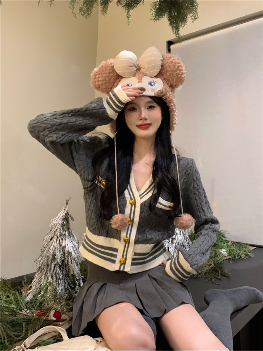 小香風麻花針織開衫女裝春季2023新款v領高級感百搭修身短款毛衣