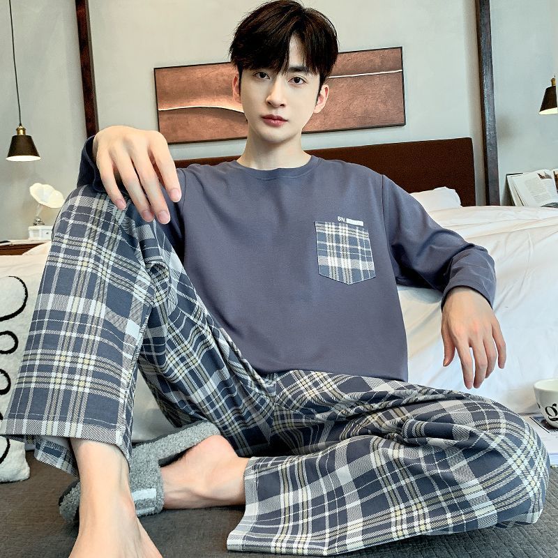 新款男士睡衣春秋季長袖學生套裝寬鬆冬天青少年可外穿高檔家居服