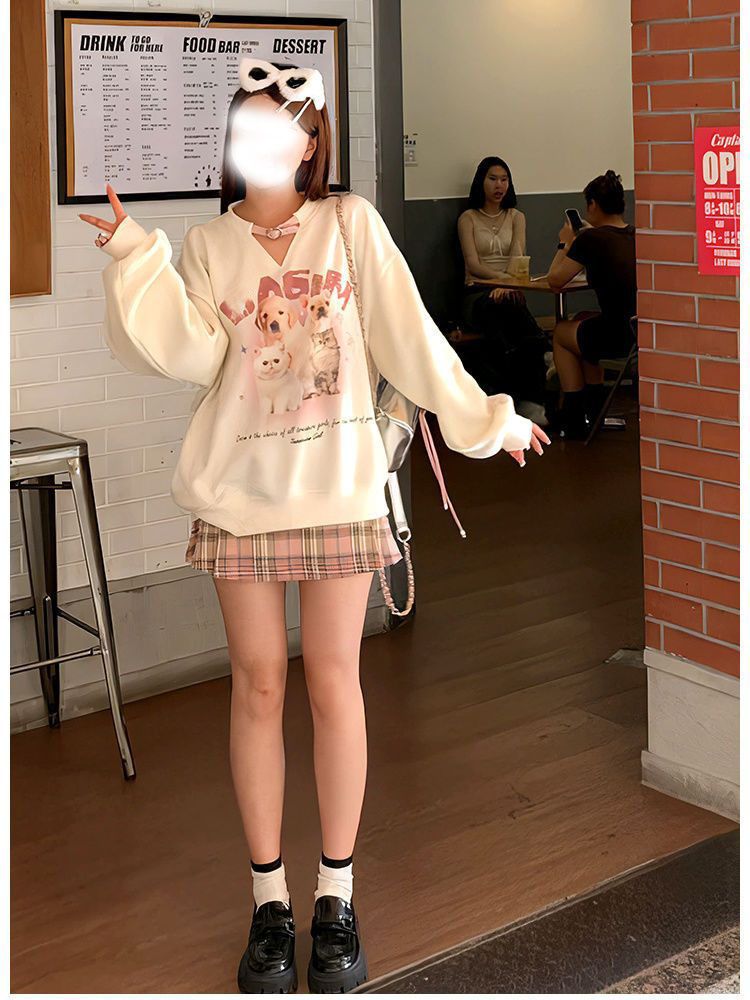 多巴胺甜美卡通印花長袖衛衣女春秋款設計感小眾寬鬆上衣