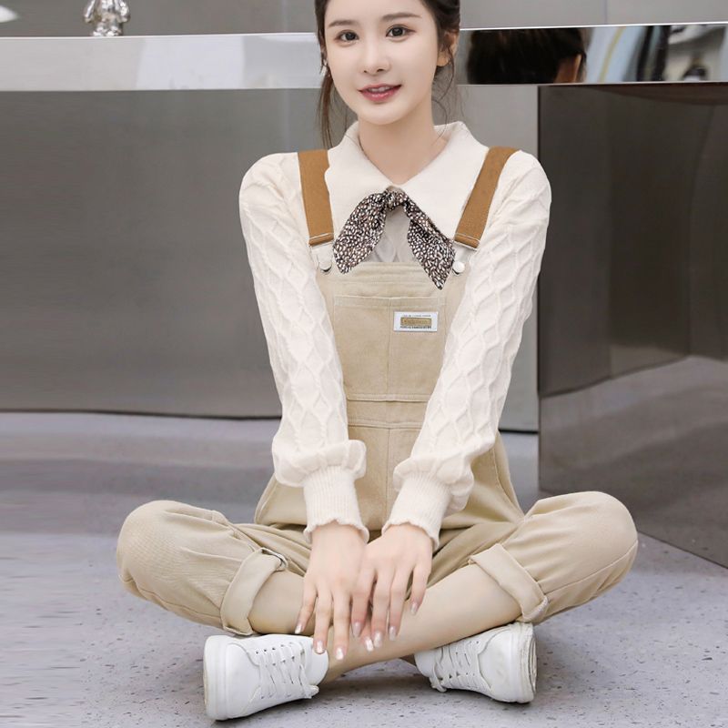 牛仔背帶褲套裝女2023秋冬新款時尚韓版寬鬆網紅小個子設計感毛衣