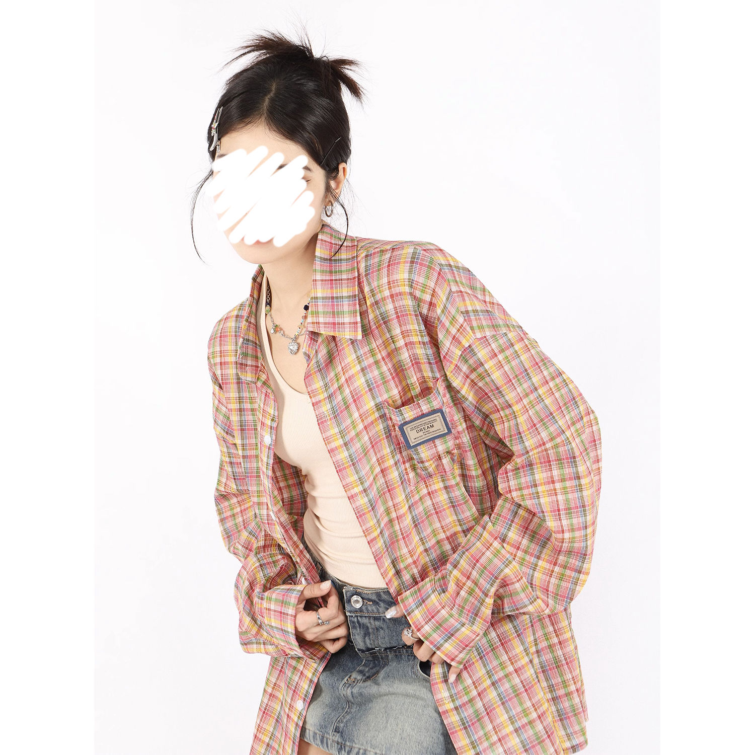 美式復古彩色格子襯衫女2023秋季新款設計感小眾寬鬆休閒長袖上衣