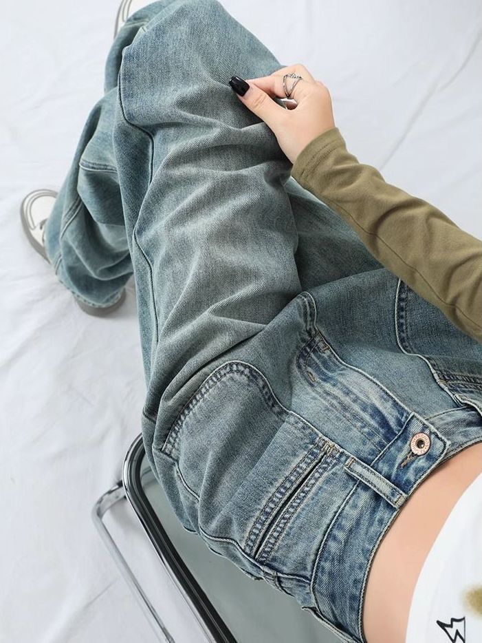懷舊小個子直筒寬鬆闊腿牛仔褲女2023新款小眾設計高腰垂感拖地褲