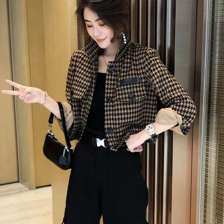 Houndstooth short coat for women 2023 autumn new style fashionable short long-sleeved jacket western style casual top