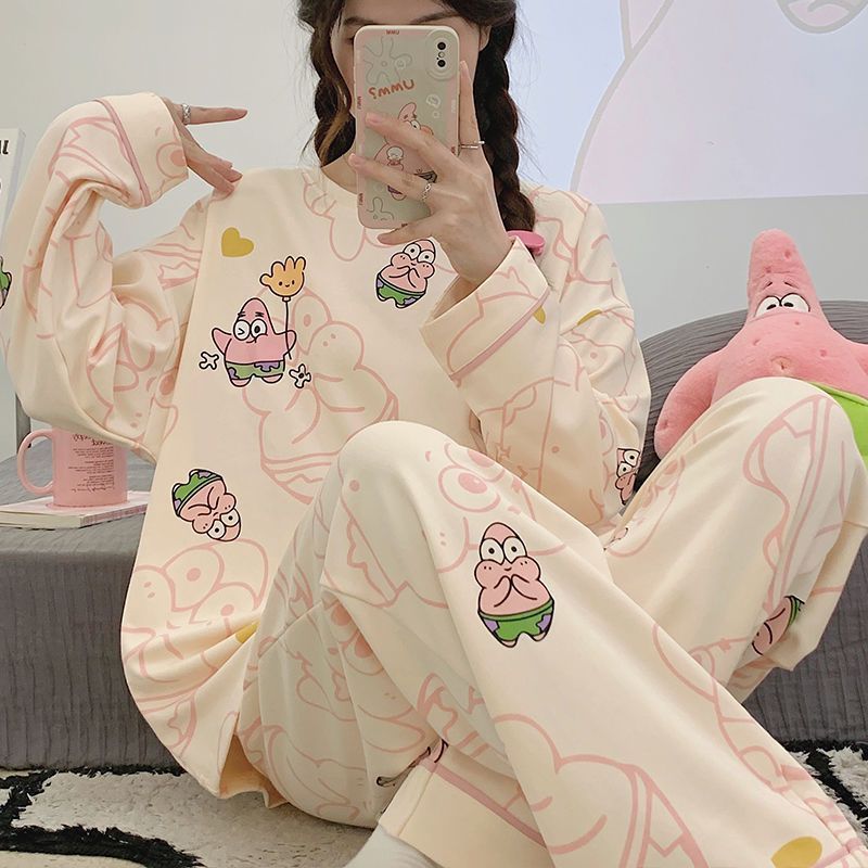 新款睡衣女春秋季寬鬆長袖學生圓領套裝甜美可愛冬天可外穿家居服