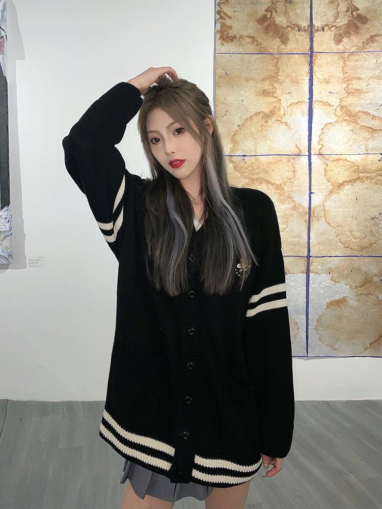 上衣條紋簡約毛衣街頭國潮牌開衫學院小蜜蜂針織外套情侶V女風領