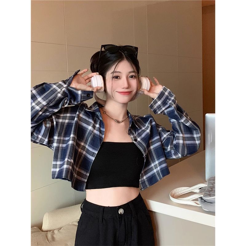格紋長袖襯衫女設計感顯瘦辣妹襯衣春秋季新款小眾短款甜辣風上衣