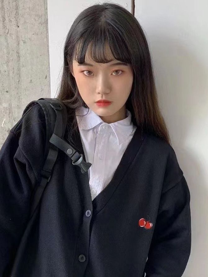 2023春秋新款設計感學院風V領開衫刺繡櫻桃寬鬆bf針織毛衣外套女