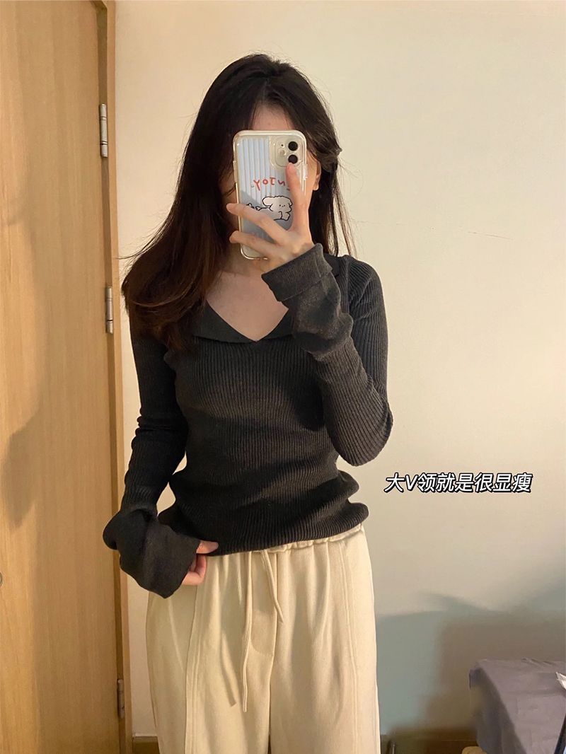 首單直降~純欲辣妹polo領針織衫女春秋內搭打底修身顯瘦別致上衣