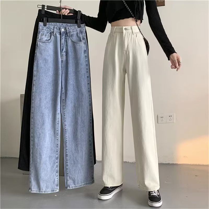 春秋牛仔褲女直筒寬鬆2023年新款顯瘦百搭高腰闊腿大碼胖mm褲子女