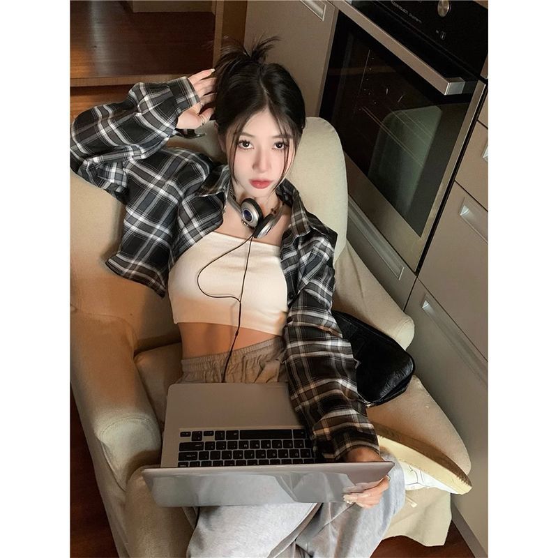 韓系格紋短款長袖襯衫女春秋新款辣妹甜酷風襯衣顯瘦小眾路臍上衣