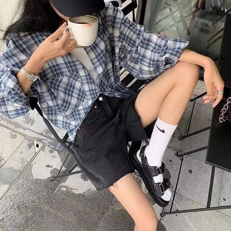 CONGRAZIO港風格子襯衫女長袖設計感小眾韓版洋氣寬鬆開衫防曬衣