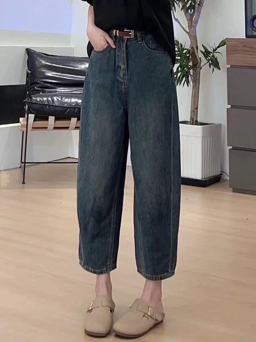 梨形身材哈倫牛仔褲女春秋寬鬆高腰顯瘦大碼九分直筒老爹蘿蔔褲子