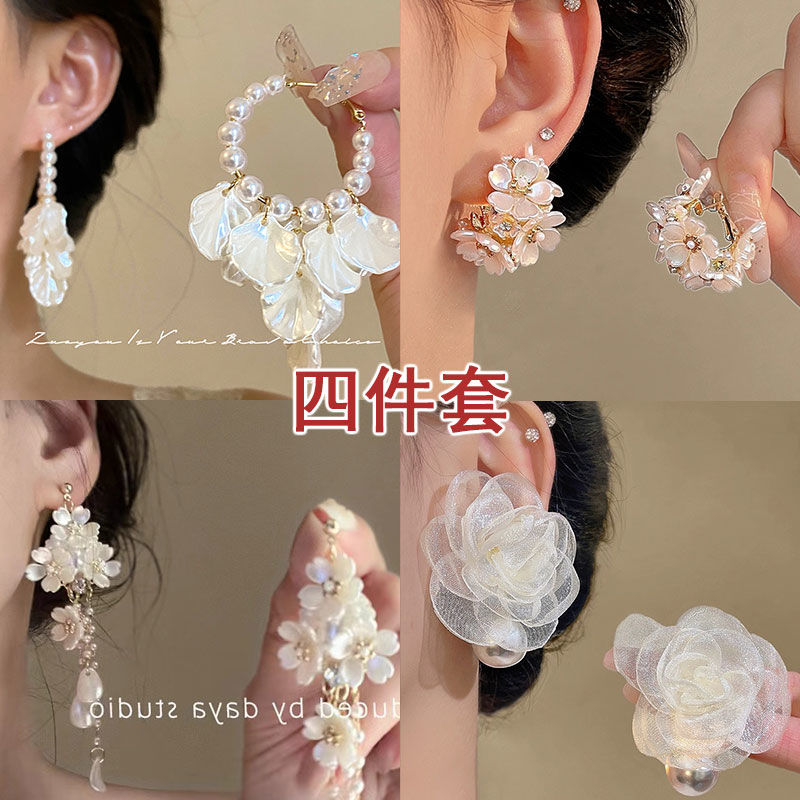 高級感珍珠仿貝殼花瓣耳釘耳圈法式復古 ins氣質時尚小眾設計耳環