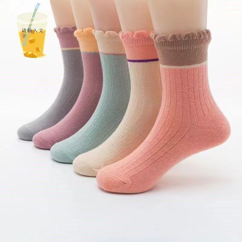 儿童秋季女童袜子纯棉卡通浅口吸汗短袜女孩学生宝宝糖果色中筒袜