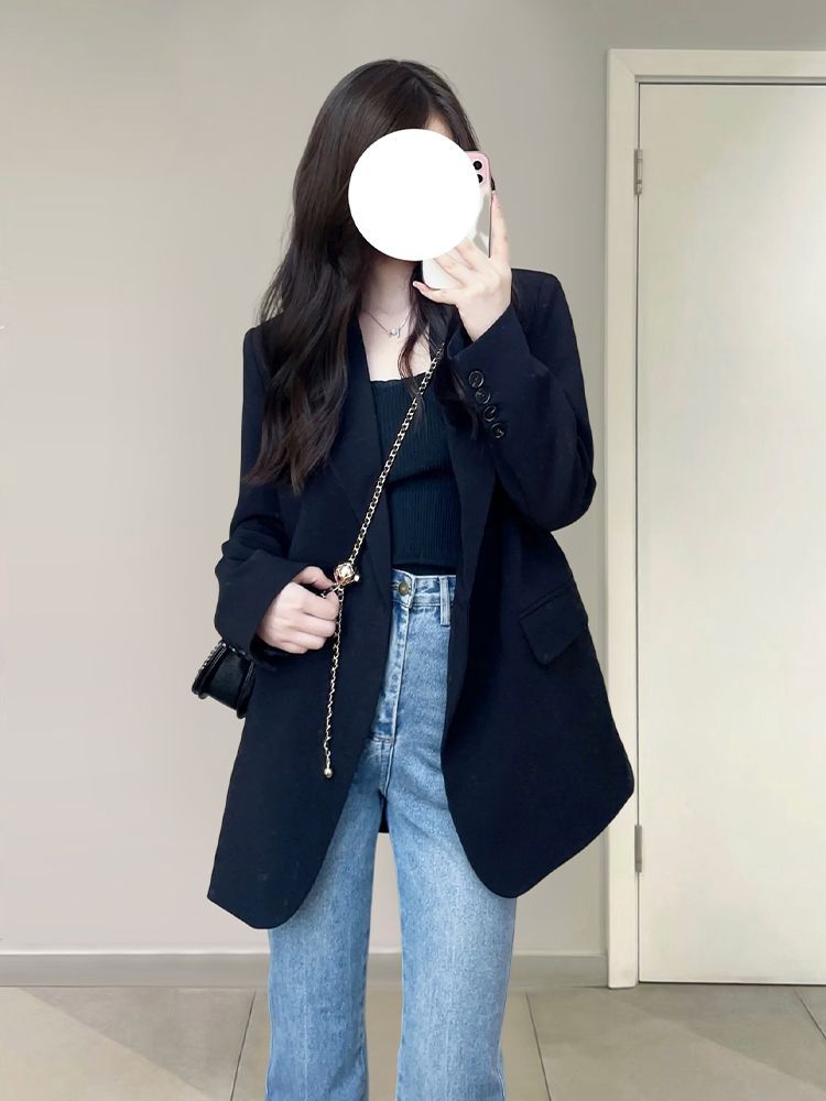 Black double-breasted blazer for women, spring and autumn, Korean style, new style, slim, slim, popular style, right shoulder suit