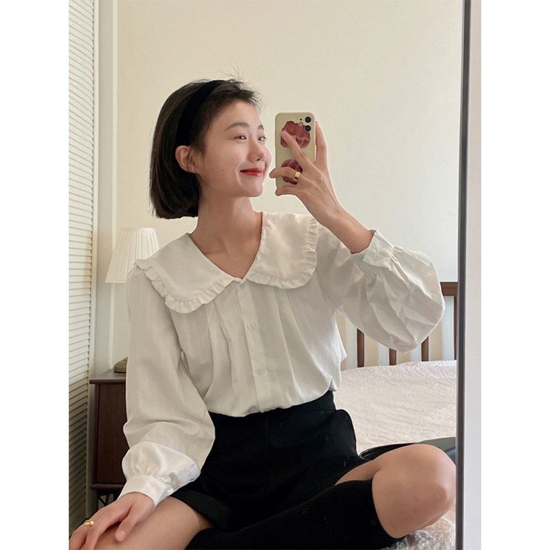 法式復古娃娃領襯衫女小眾寬鬆長袖白色襯衣清新顯瘦春秋新款上衣
