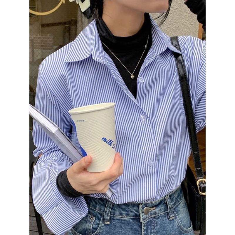 韓系POLO領條紋長袖襯衫女春秋季高級感疊穿襯衣別致防曬外搭上衣
