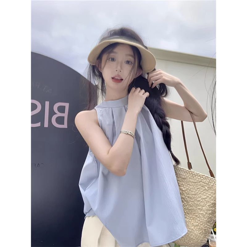 韩系圆领无袖衬衫女夏季新款设计感气质衬衣甜美减龄百搭宽松上衣
