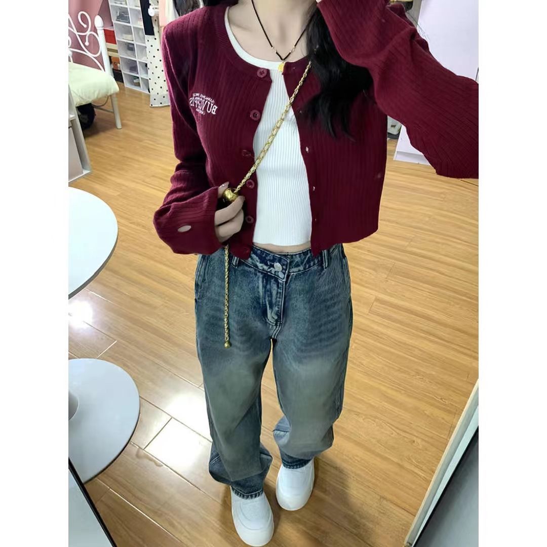 美式復古設計感薄款外穿短款毛衣女小眾甜美學院風針織開衫外套秋