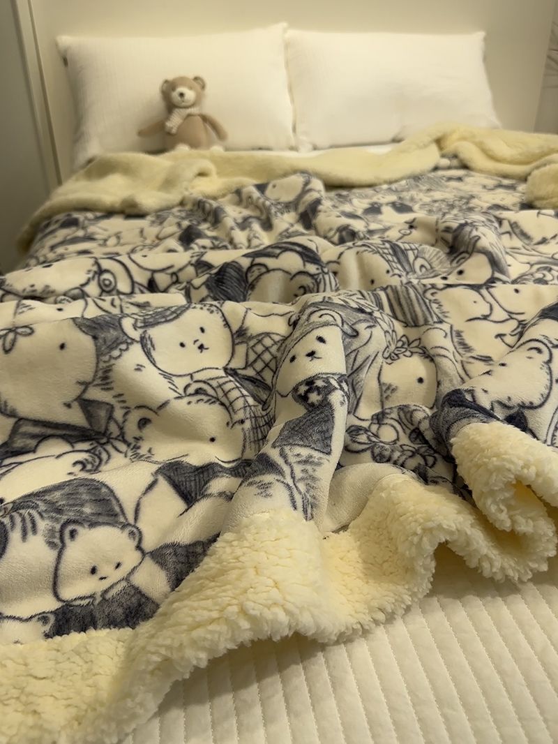 ins可爱小狗羊羔绒毯双层加厚保暖冬季办公室毯珊瑚绒毯毛毯被子