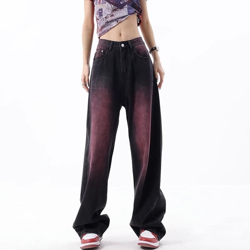 美式高街vibe复古水洗牛仔裤男女春秋季小众设计感黑紫色拖地长裤