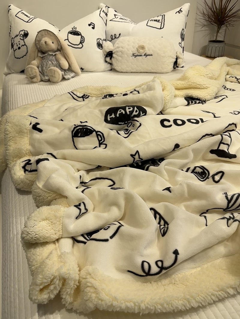 ins可爱小狗羊羔绒毯双层加厚保暖冬季办公室毯珊瑚绒毯毛毯被子