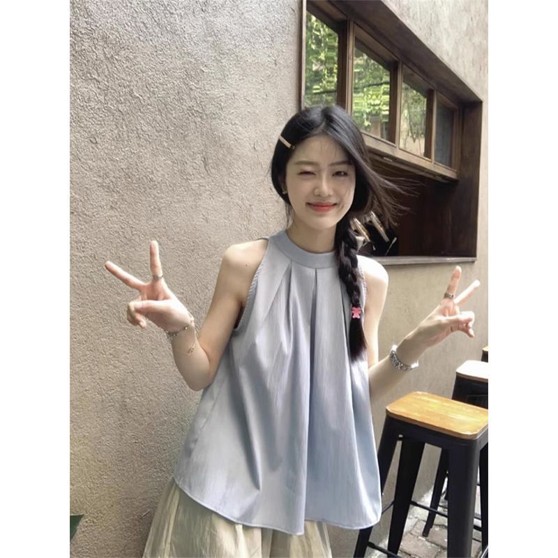 韩系圆领无袖衬衫女夏季温柔风设计感别致衬衣挂脖显瘦高级感上衣