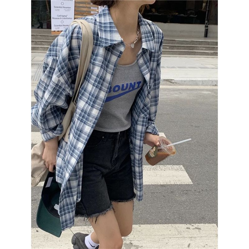 藍色純棉格子襯衫女春秋季新款慵懶風設計感襯衣疊穿長袖外搭上衣