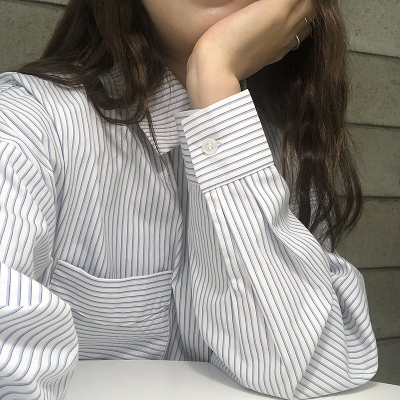 條紋長袖襯衫高級設計感春秋新款襯衣女溫柔風別致獨特疊穿上衣