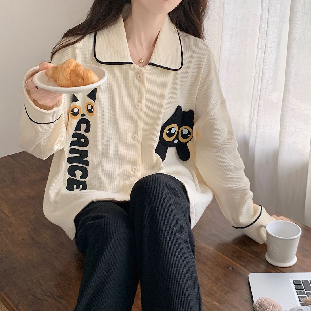 睡衣女春秋季開衫長袖長褲套裝韓版寬鬆女士2023年新款甜美家居服