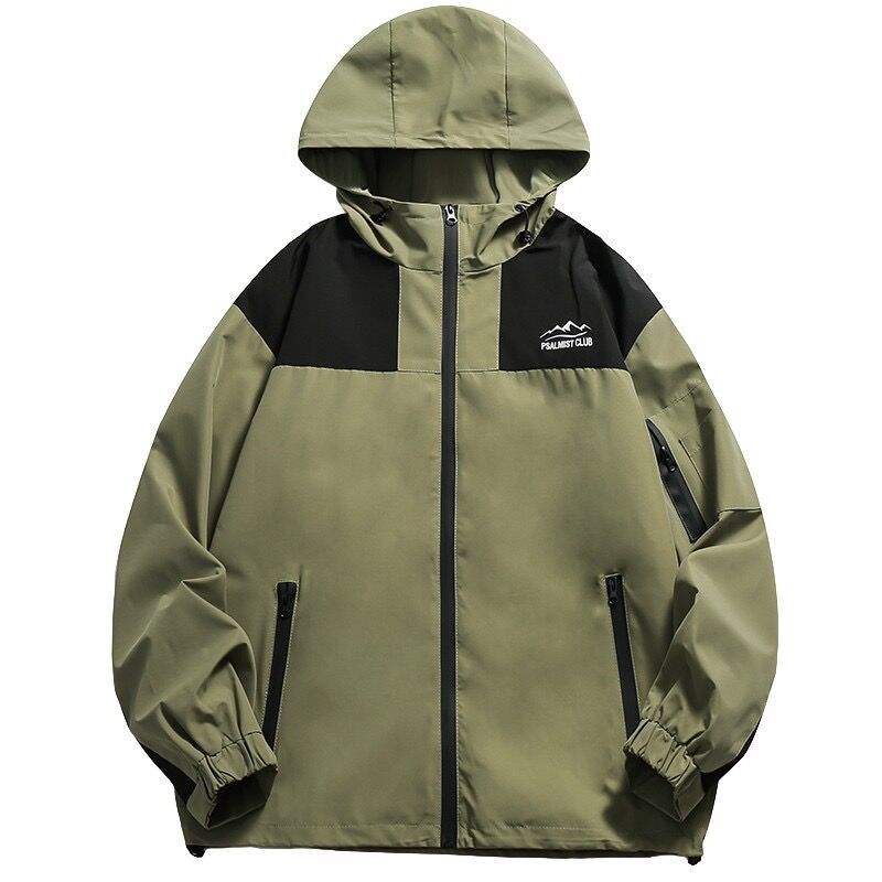 Spring and autumn outdoor color-blocked hooded jacket, men's trendy loose mountain style windproof, waterproof and warm casual jacket