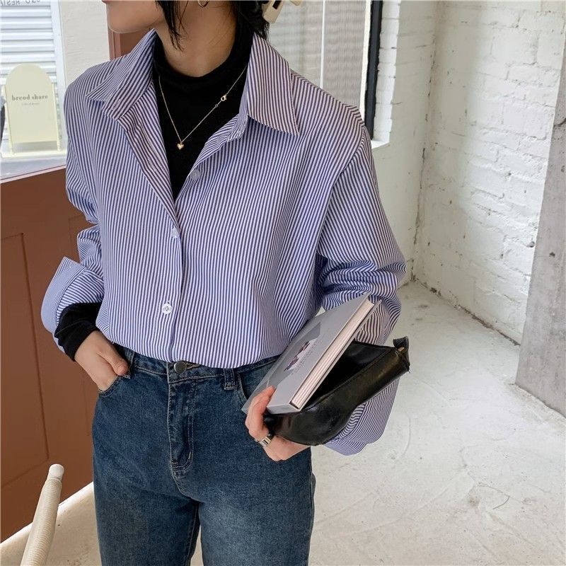 韓版輕奢條紋長袖襯衫女春秋季高級感顯瘦襯衣POLO領百搭寬鬆上衣