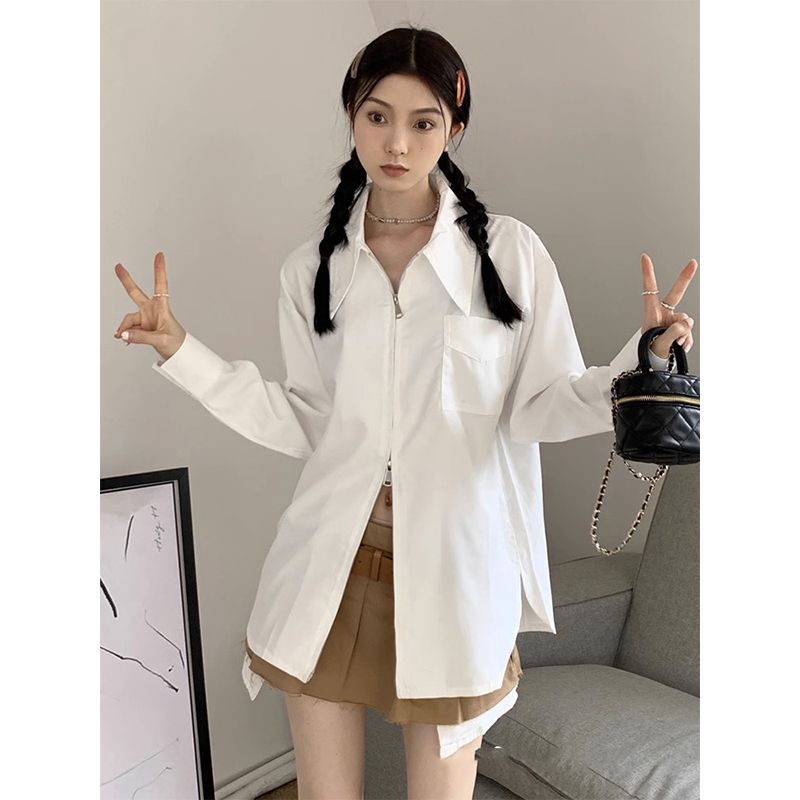 法式雙拉鏈白襯衫女春秋長袖薄款尖領襯衣顯瘦寬鬆中長款防曬上衣