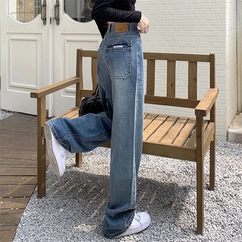 美式復古水洗拖地牛仔褲女秋季高腰直筒長褲寬鬆顯瘦闊腿高街褲子