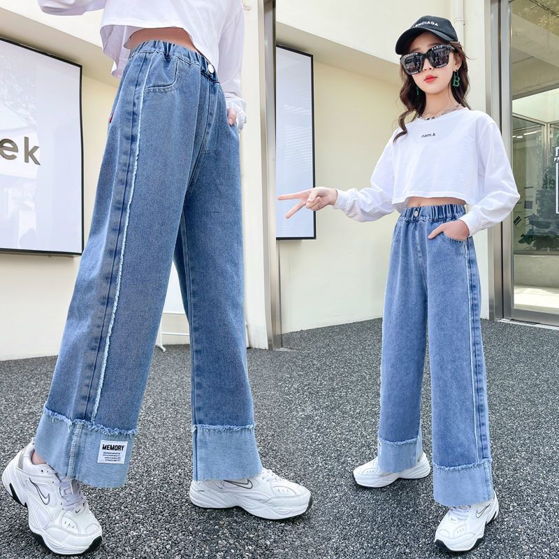 Girls Pants Spring and Autumn Loose Girls Denim Wide Leg Pants 2023 Autumn New Style Female Student Version Straight Pants Winter