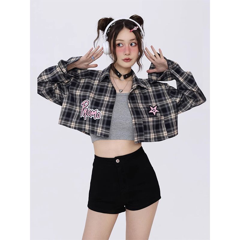 辣妹短款格子襯衫女春秋長袖刺繡設計感襯衣小眾路臍防曬外搭上衣