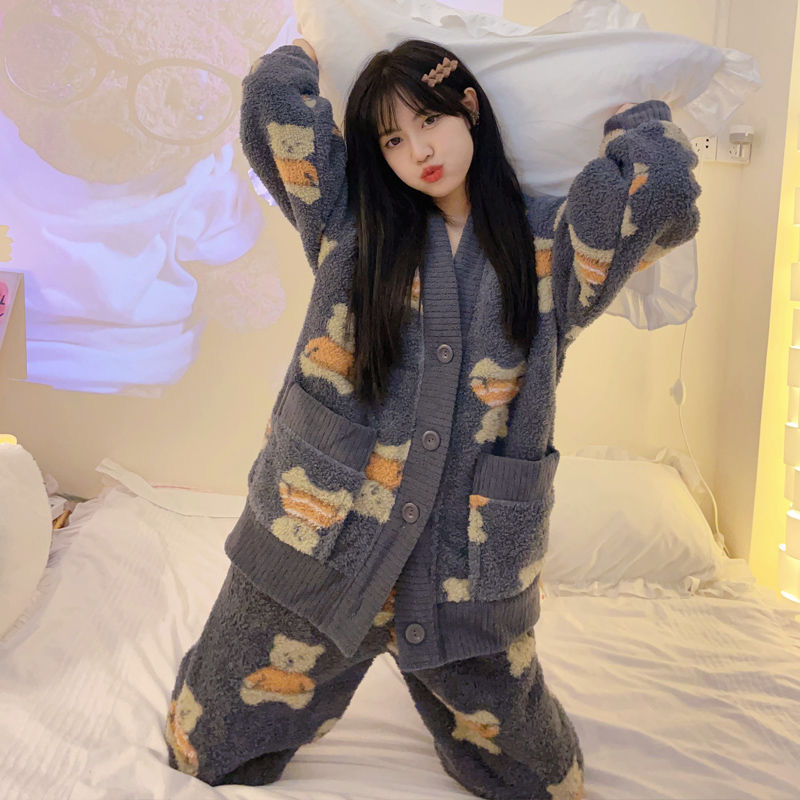 珊瑚絨睡衣女秋冬季ins風高顏值加厚法蘭絨冬天可外穿家居服套裝