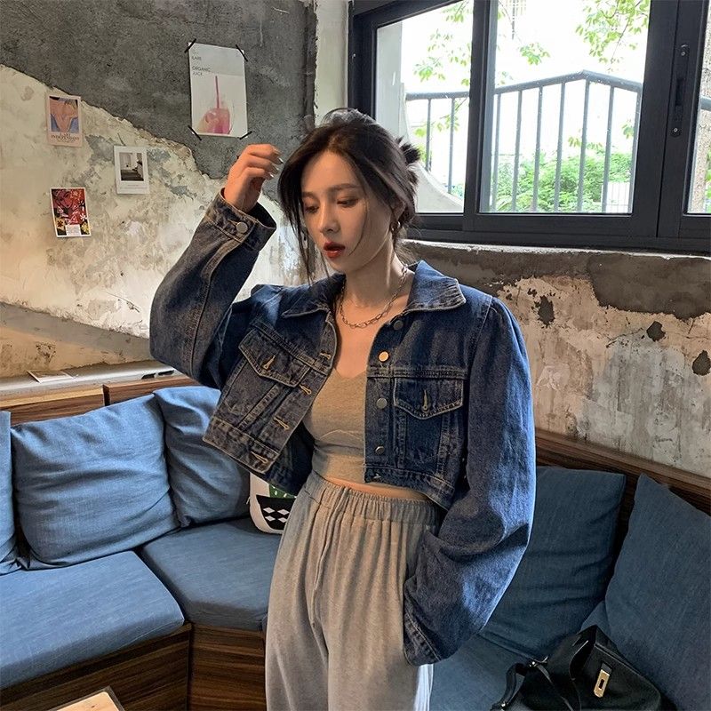復古牛仔外套女2023春秋季新款泡泡袖百搭夾克寬鬆小個子短款上衣