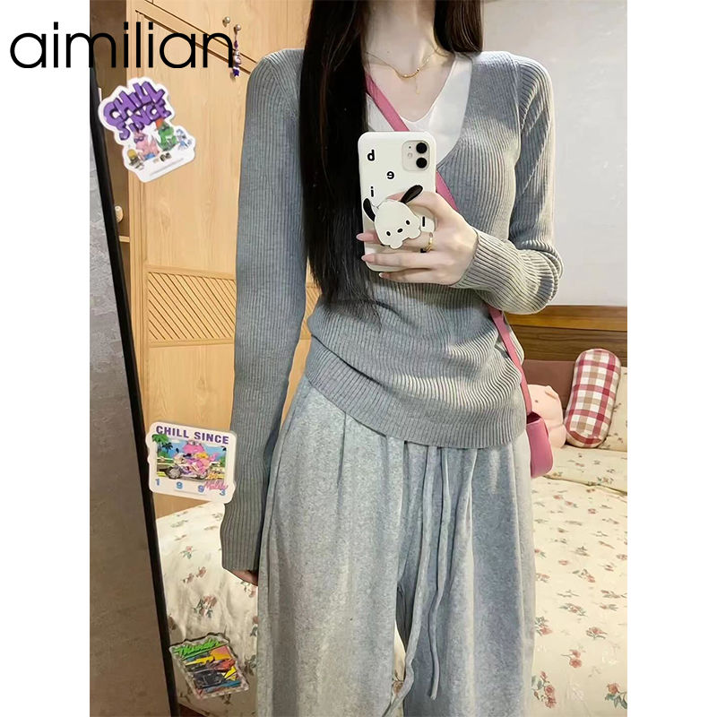 aimilian假兩件V領針織衫毛衣女春秋設計感小眾修身內搭打底上衣