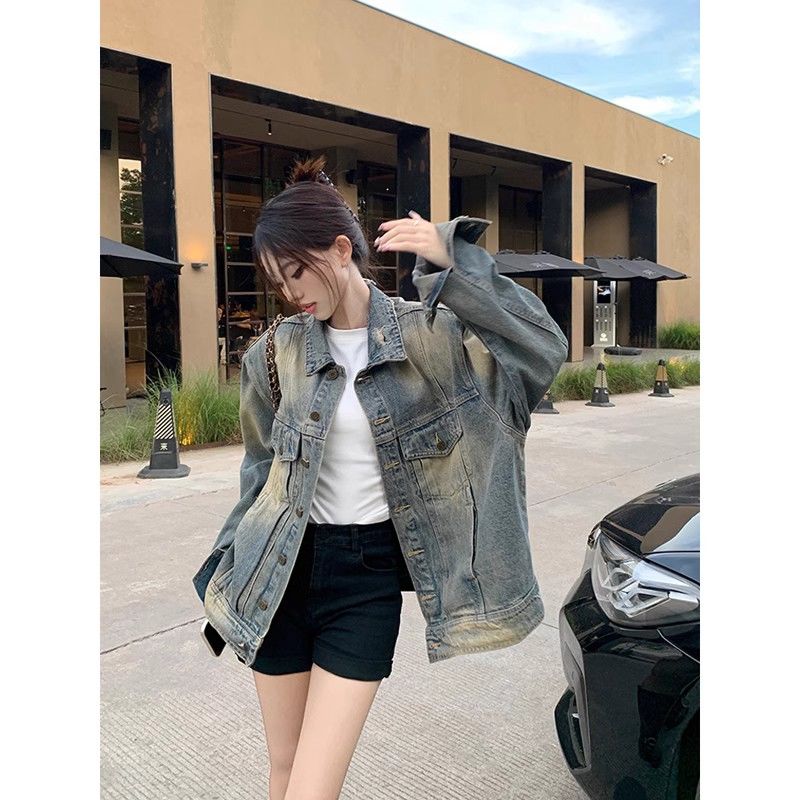Distressed denim jacket autumn new boyfriend style frayed high street design loose cardigan top for women