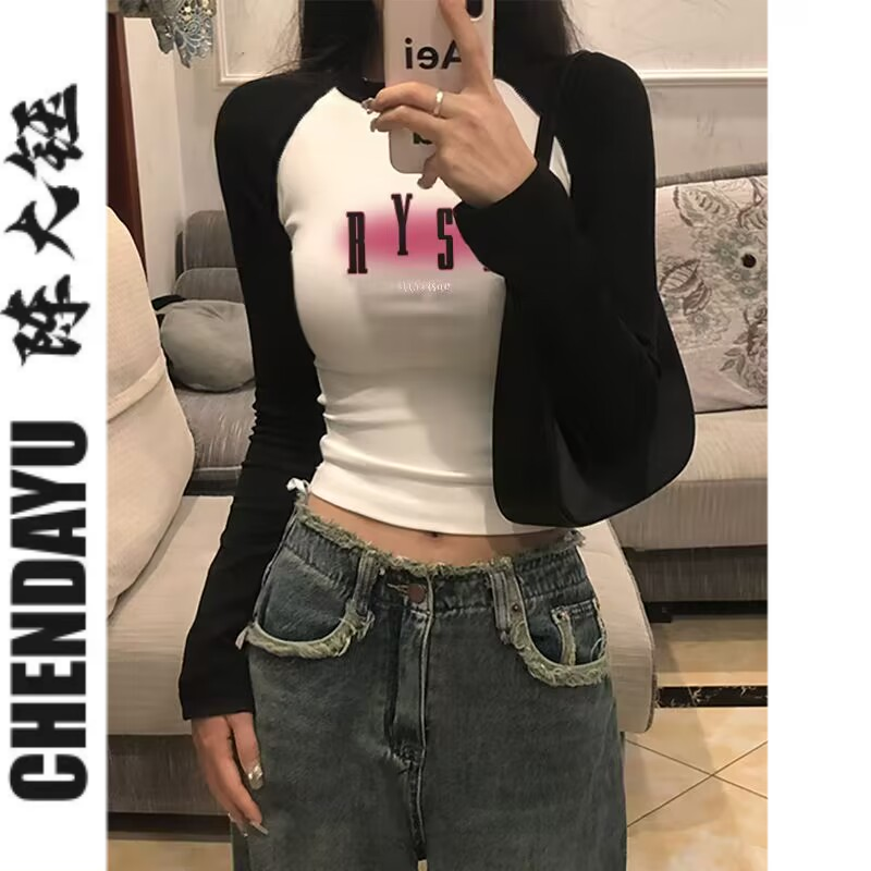 短款修身長袖T恤2023春夏季辣妹風美式街頭白色上衣體恤女款