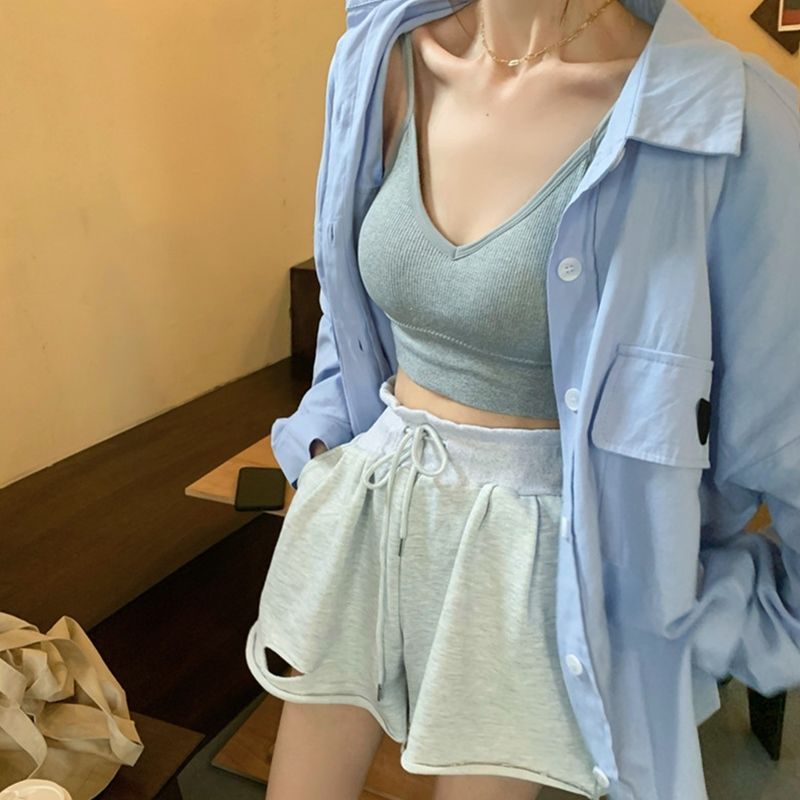 韩版蓝色长袖衬衫女春秋季新款印花设计感衬衣慵懒风显瘦别致上衣