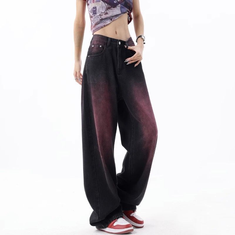 美式高街vibe复古水洗牛仔裤男女春秋季小众设计感黑紫色拖地长裤