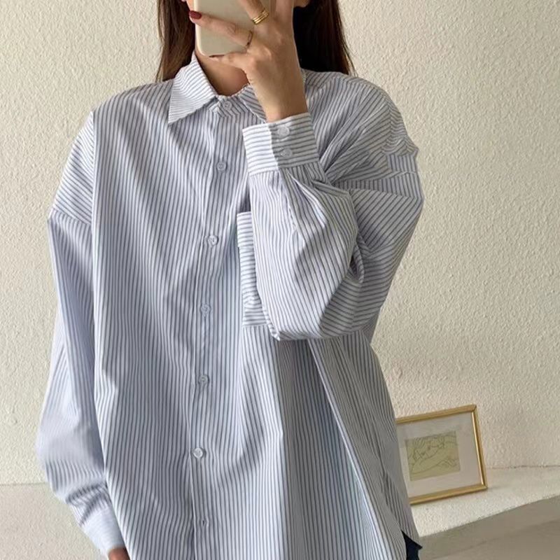 通勤條紋長袖襯衫女韓系高級慵懶風小眾襯衣春秋新款別致顯瘦上衣