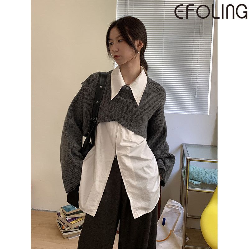 EFOLONG春秋中長款長袖白色拉鏈襯衫女法式尖領百搭休閒襯衣外套