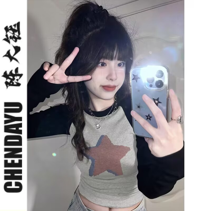 陳大鈺美式星星印花插肩長袖t恤2023秋季新款vintage緊身性感上衣