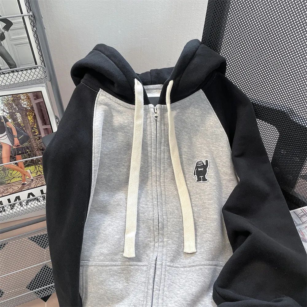 Large size fat mm retro contrasting color hooded raglan sleeve sweatshirt women's spring and autumn new design niche cardigan jacket