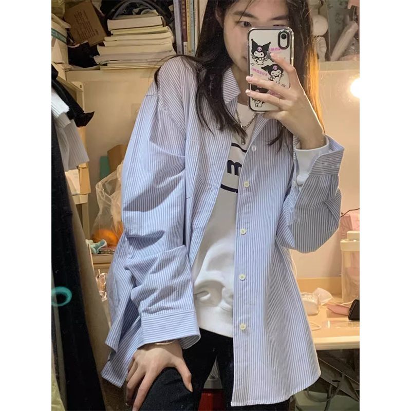 POLO領長袖條紋襯衫女早秋季新款小眾學院風襯衣寬鬆顯瘦外搭上衣